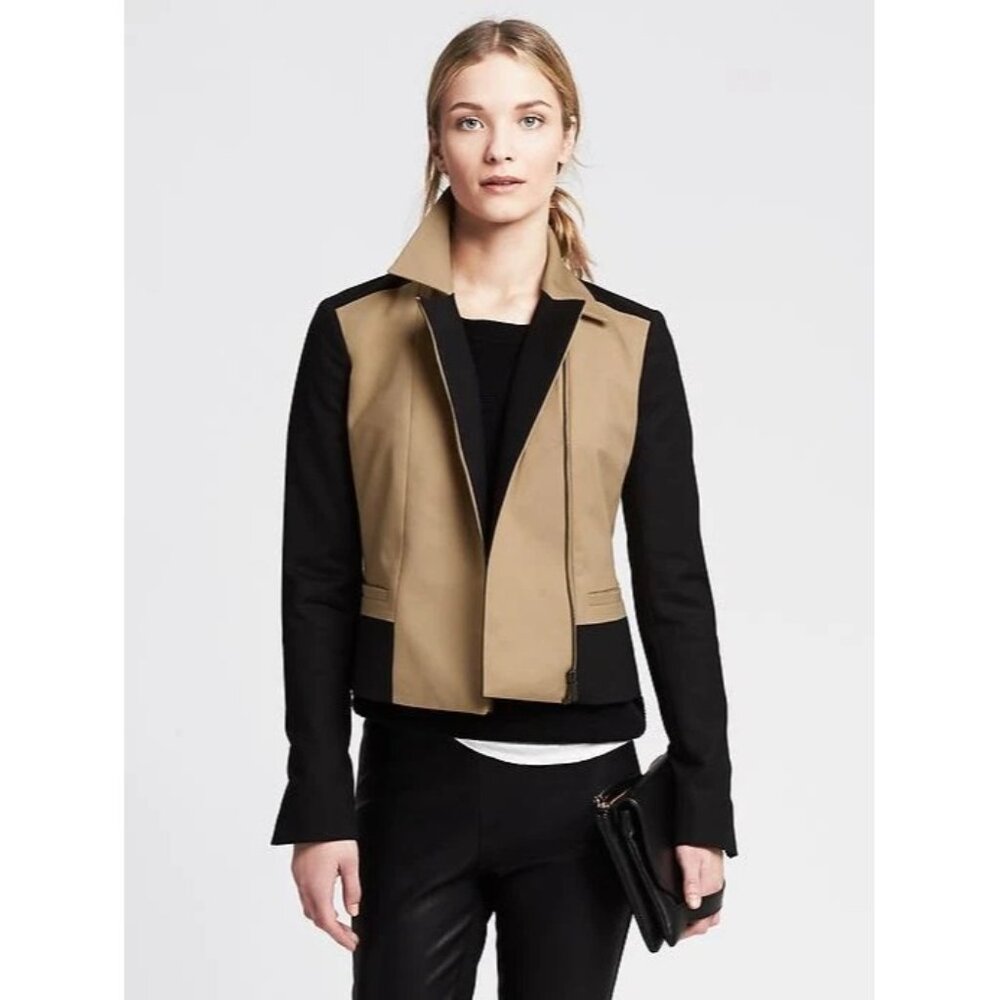 Banana Republic Contrast Moto Jacket Womens Size 2 Full Zip Up Beige Black